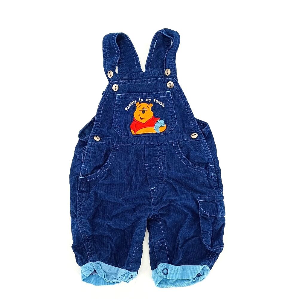 Vintage Winnie the Pooh Corduroy Overalls 0-3M Navy Blue Made in Hong Kong Rare